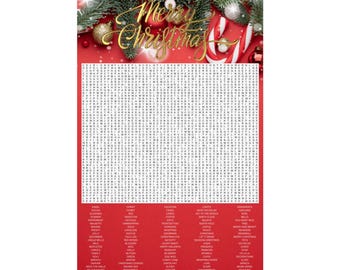Op de afbeelding: Een rode en groene kerstwoordzoeker met de woorden "Merry Christmas" bovenaan. De puzzel bevat een verscheidenheid aan kerstthemawoorden, zoals "sneeuwvlokken", "suikerstokken", "cadeaus" en "Sinterklaas".