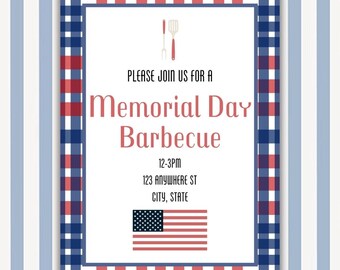 BBQ Invitation | Memorial Day, Labor, Day, Red Gingham, 4th of July Cookout (Editable Canva Template) | 5x7 Invite