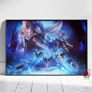 May include: A framed print featuring a dynamic composition of several fantasy dragons in shades of red, blue, and gray. The artwork has a dark, dramatic atmosphere with a focus on the creatures' detailed features and a glowing blue background.