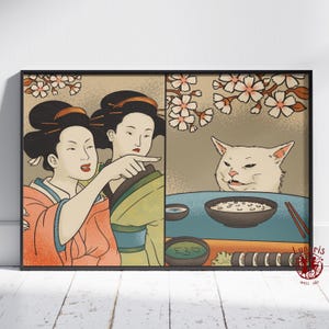 Poster di donna che urla a un gatto / Arte murale giapponese con meme / Stampa su tela senza cornice / Regalo per amanti dei gatti