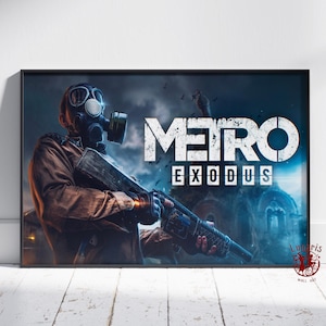 May include: A framed poster featuring the video game "Metro Exodus." The artwork depicts a figure in a gas mask and military attire holding a shotgun. The game's title is prominently displayed in white block letters against a dark, atmospheric background.