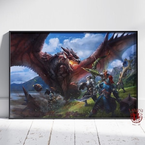 May include: A framed print depicting a battle scene between a large red dragon and several armored warriors. The dragon is breathing fire, and the warriors are wielding weapons. The background shows a landscape with mountains and a lake.