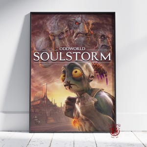 May include: A framed poster featuring the video game "Oddworld: Soulstorm." The artwork depicts several alien-like creatures, with the game's title prominently displayed. The poster has a dark background with a futuristic city.
