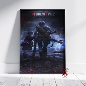 Könnte beinhalten: Ein Poster mit einer dunkelblauen und roten Illustration von zwei Personen, die durch einen dunklen, verrauchten Flur gehen. Der Text "RESIDENT EVIL 2" befindet sich oben auf dem Poster.