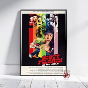 May include: A retro-style movie poster for the film "Scott Pilgrim vs. the World". The poster features a colorful rainbow background with a black and white image of the main character, Scott Pilgrim, playing a bass guitar. The text "AN EPIC OF EPIC EPICNESS." is at the top of the poster, and the title "SCOTT PILGRIM VS. THE WORLD" is at the bottom.