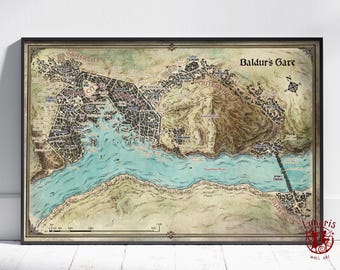 Baldur's Gate Map Poster | Dungeons & Dragons Wall Art | Unframed Canvas Print | Gift Game Poster
