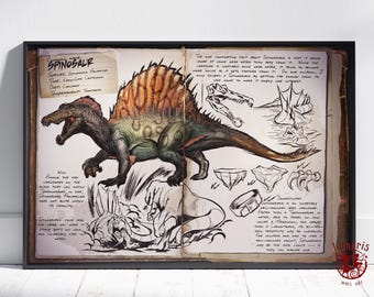 May include: A vintage-style illustration of a Spinosaurus dinosaur, a large carnivore with a sail on its back. The illustration is in black and white with brown and orange accents. The text on the page reads "SPINOSAUR" and includes information about the dinosaur's species, time, diet, temperament, and other facts.