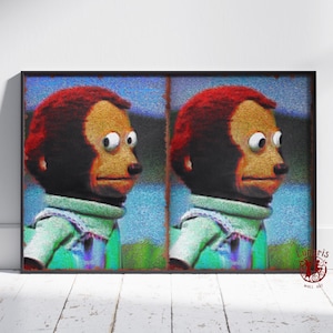 May include: A digital art print of a red-haired puppet with large eyes looking to the right. The puppet is wearing a light blue shirt and is depicted twice in the image.