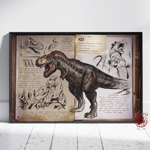 Puede incluir: Una impresión enmarcada que presenta una ilustración detallada de un Tyrannosaurus Rex, con bocetos y notas manuscritas. La obra de arte muestra al dinosaurio en una pose dinámica, con una mezcla de color y elementos en blanco y negro.