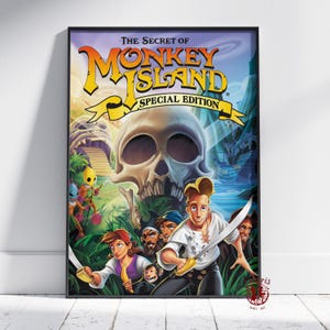 May include: Framed poster featuring the game "The Secret of Monkey Island: Special Edition." The artwork depicts a skull, pirates, and tropical scenery. The title is in yellow and orange, with a blue and green background.