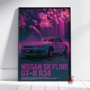 Può includere: Una stampa artistica incorniciata con una Nissan Skyline GT-R R34 verde acqua sotto alberi di fiori di ciliegio rosa. Il poster presenta il testo "NISSAN SKYLINE GT-R R34" in rosa. L'auto si riflette nell'acqua.