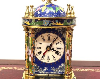 Vintage Chinese  Cloisonné Brass Enamel Blue Floral Mantle Carriage Clock