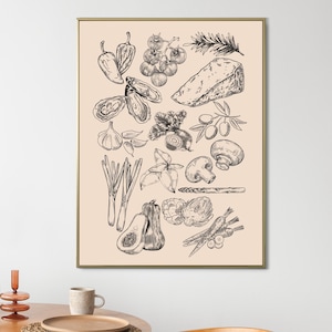 Food Illustration in black poster, Retro food art print, Trendy food poster, Food art print, Wall art for kitchen, Dinner print, Art Decor