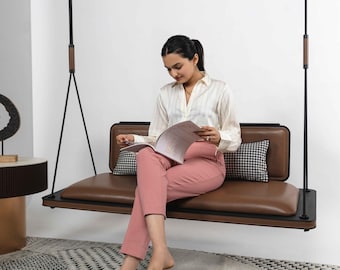 Balanço de couro PU marrom bege com encosto: adulto e infantil