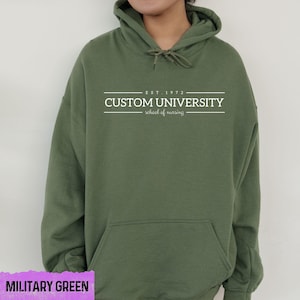 a young man wearing a green hoodie with the words custom university printed on it