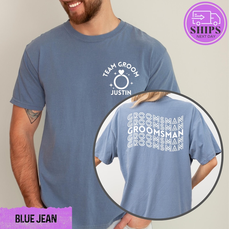 a man wearing a blue t - shirt with the words blue jean printed on it