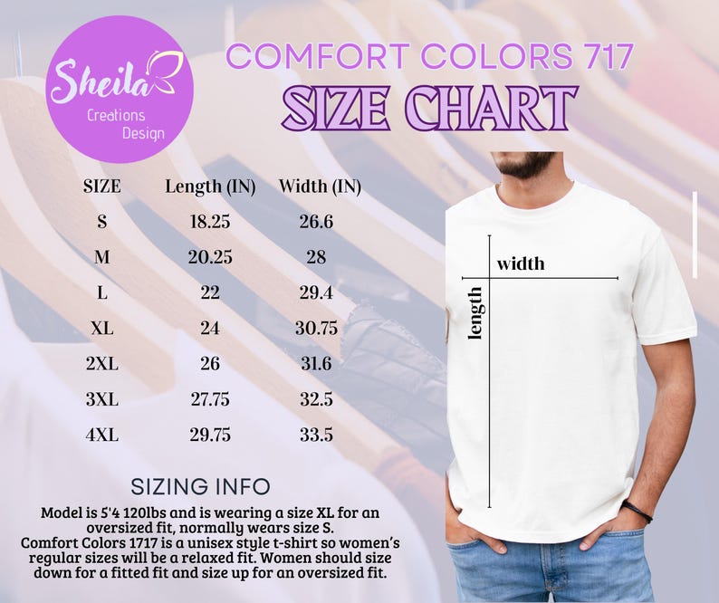 a man wearing a white t - shirt with a size chart