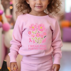 A young girl wearing a pink sweater with a pink flower design and the text "I WEAR PINK FOR MY MOM" printed on it.