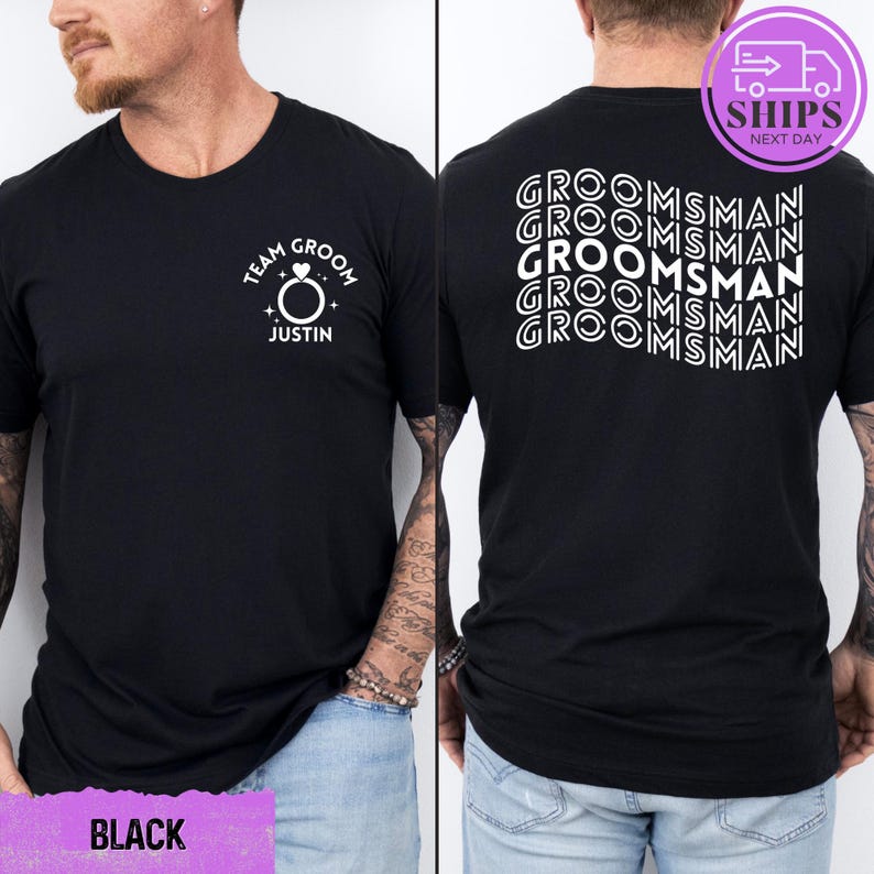 a man wearing a black t - shirt with a picture of a woman and a