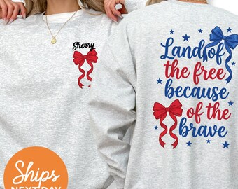 Camiseta "Tierra de los Libres Gracias a los Valientes", Camiseta Patriótica de EE. UU. con Lazo, Regalo para Mujeres del 4 de Julio, Camiseta con la Bandera de Estados Unidos