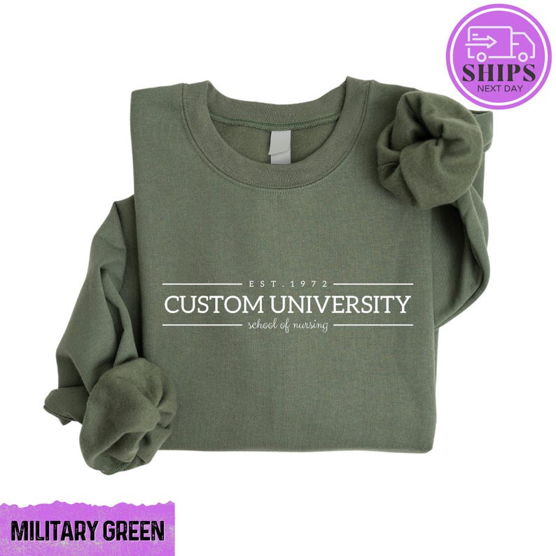 a military green shirt with the words custom university printed on it