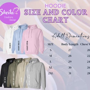 a women's size and color chart for a hoodie
