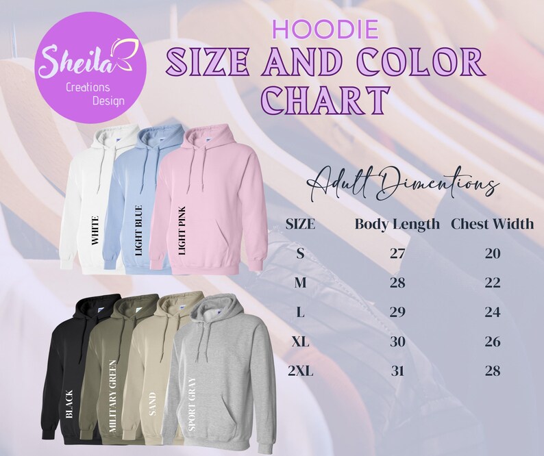a women's size and color chart for a hoodie