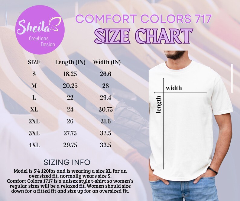 a man wearing a white t - shirt with a size chart