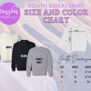 a group of sweatshirts with the text youth sweatshirt size and color chart