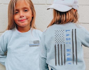 Kids Police Support Crewneck: Distressed Thin Blue Line Flag Sweatshirt ( V15045 )