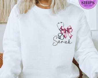 Personalized Nurse Sweatshirt: Pink Bow Stethoscope, RN Crewneck
