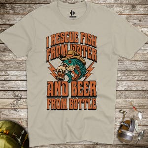Funny Fishing Beer T-Shirt for Men – I Rescue Fish From Water and Beer From Bottle – Fisherman Cowboy Fish Graphic Tee Gift Idea
