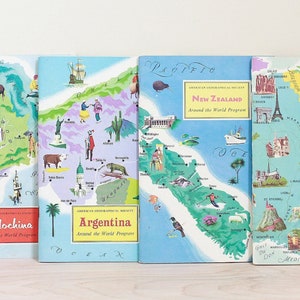 National Geographic's Around the World Program Travel Books/Choose: France, New Zealand, Argentina or Indochina/Great MCM Design + Stickers!