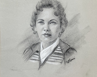 Original Charcoal Lady's Portrait on Paper/ Striking Black & White 1950s Era Woman's Portrait/ Mid Century Artist Signed Woman's Portrait