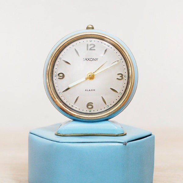 Aqua Blue Saxony Travel Clock w Case/ Cool Little 1960s Clock w Unique Slide in Roll Up Case / Tiny Cutie w Great Color Made in Germany
