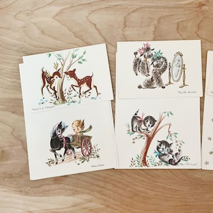 Adorable 1960s Notecard Set/ Cute Cats, Deers, Poodles, Hound Dogs & Girl w Donkey Cart by "Quaint Shop Originals"/ With Box + Envelopes
