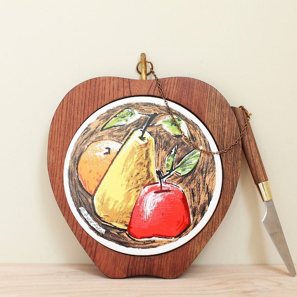 Fred Press Hand Carved Wood Serv Cheese Board w Kinfe / Groovy Mid Century Design Apple Shaped  with Tile Inlay /Small Version