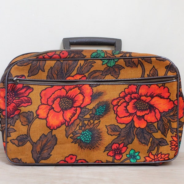 70s Mod Floral Suitcase/ Canvas and Vinyl Suitcase/ Flower Power Cutie x Small Carry On or Weekend Bag/ Great for Craft or Office Storage