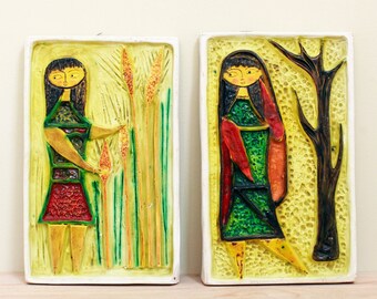 Marcello Fantoni Italian Brutalist Pair of Ceramic Plaques/ Fantoni Pottery Lady & Man Wall Art/ Made in Italy and Signed