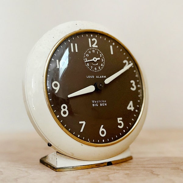 Westclox Big Ben Metal Alarm Clock/ 1950s Modified "Loud" Alarm Clock Style Six with White Metal Case/ Cottage Farmhouse Decor Piece