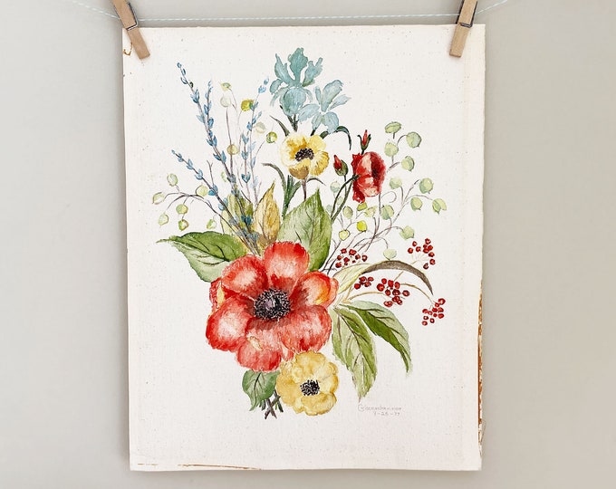 Original Botanical Watercolor Painting Original Floral Painting w Poppies on Paper Flower Power Cottage Style Signed /& Dated 1977