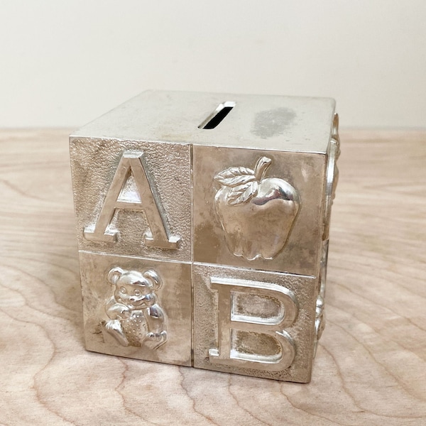 Silver Plated Alphabet Block Piggy Bank/ Super Cute ABC Bank w Cat, Duck, Elephant, Fish, Giraffe and More/ Great Baby Shower Gift