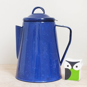 May include: A blue enamelware coffee pot with a lid and handle. The pot has a speckled design and a spout. Beside the pot is a small, decorative owl figurine with a green belly and black and white details.