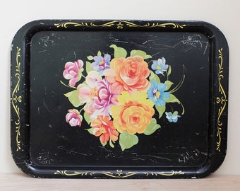 Floral Tole Serving Tray/ Beautiful Vintage Metal Tea Tray w Colorful Floral Design/ Lovely Cottage Style Decor/ Large Toleware Tray