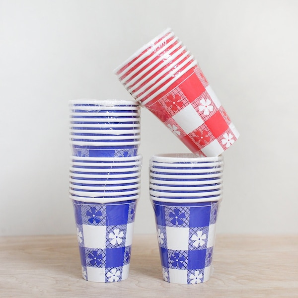 Trend Setters Gingham Hot-Cold Paper Cups New Old Stock/ 4 Sets of 8 Cute & Colorful Vintage 9 Ounce Cups/ 3 Sets Blue  + 1 Red Made in USA