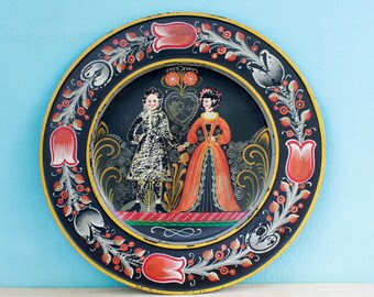 German Folk Art Primitive Wood Tray/Hand Painted by Franz Krempler- Berchtesgaden-pinx/Unique Wooden Tray/ Renaissance Era Royal Couple