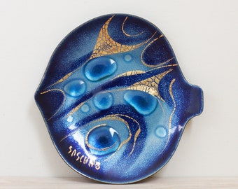 Sascha Brastoff Enamel Copper Fish Dish w Abstract 3D Design/ Rare Mid Century Modern Signed Art Piece/ Gorgeous Royal Blue Plate