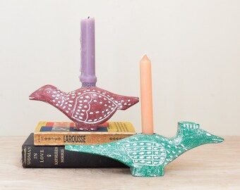 Vintage Pottery Barn Bird Candlestick Holders Set/ Fun Folk Art Boho Style Roadrunner and Dove/ Unique Rustic Carved Wood Candle Holders