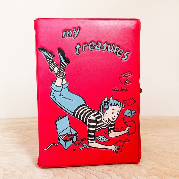1950s Vinyl "My Treasures" Box/ Super Kitschy Cute Bobby Soxer Girl/ Darling HTF Retro Diary Storage Box/ Fun Vintage Trinket or Stash Box