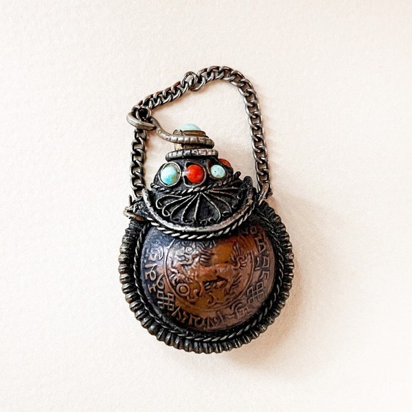 Tibetan Snow Lion Copper Coin Snuff Bottle/ Hand Forged Silver Turquoise, Coral Snuff Bottle/ Perfume Bottle Pendant